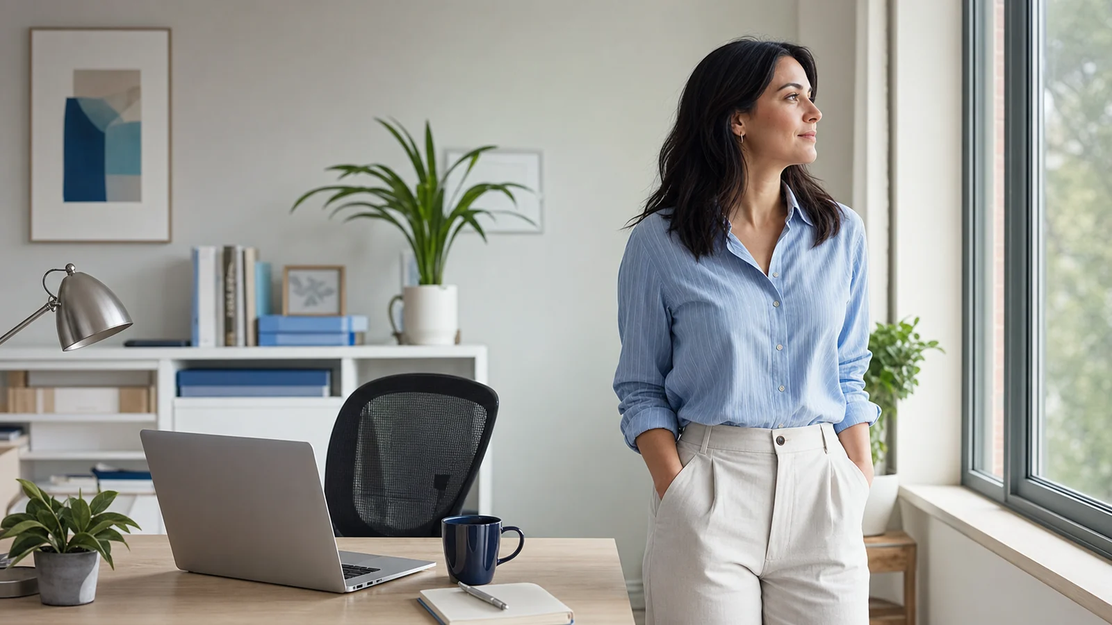 A knowledge worker standing beside her desk and looking into the distance